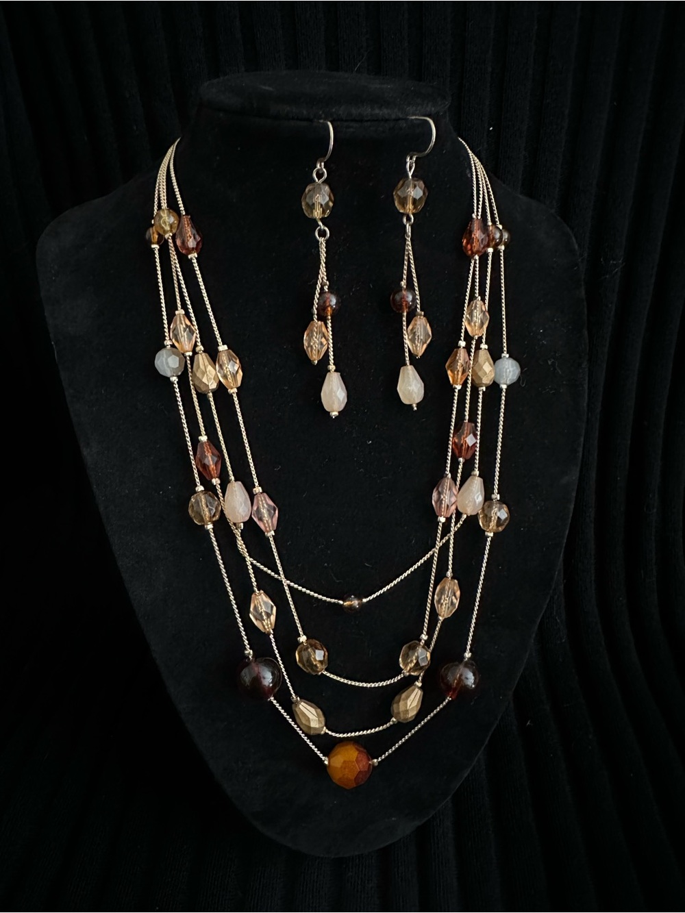 Multi-Strand Brown Gold Bead Necklace Set Matching Earrings Boho Swirly Glass